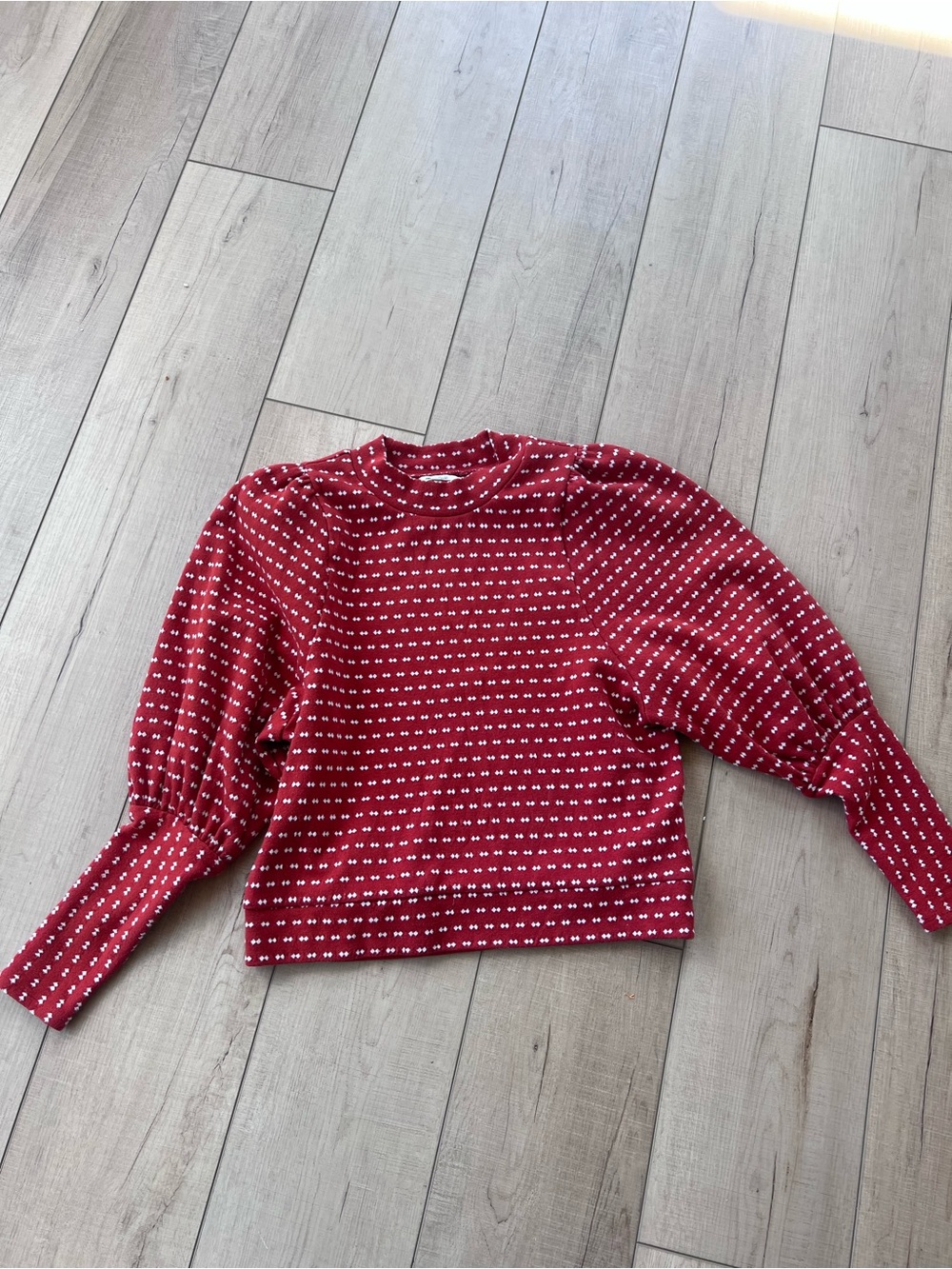 Madewell Red and White Patterned Puff-Sleeve Sweater
